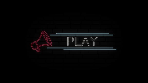 Leuchtende Leuchtschrift Megaphon-Symbol mit Text Play isoliert auf schwarzem Hintergrund. 4K Video Motion Grafik Animation. — Stockvideo