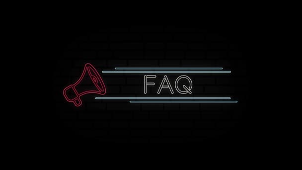 Icono de megáfono de línea de neón brillante con texto Faq aislado sobre fondo negro. Animación gráfica de vídeo 4K. — Vídeo de stock