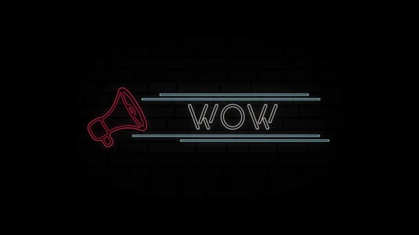 Icono de megáfono de línea de neón brillante con texto Wow aislado sobre fondo negro. Animación gráfica de vídeo 4K. — Vídeo de stock
