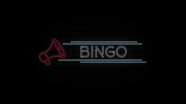 Icono de megáfono de línea de neón brillante con Bingo de texto aislado sobre fondo negro. Animación gráfica de vídeo 4K. — Vídeos de Stock