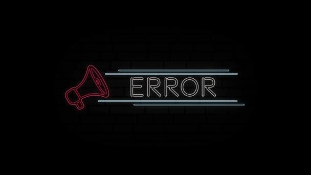 Linha de néon brilhante ícone de megafone com texto Erro isolado no fundo preto. Animação gráfica em movimento de vídeo 4K. — Vídeo de Stock