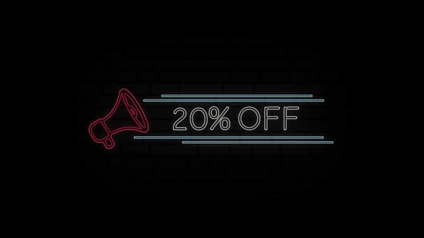 Icono de megáfono de línea de neón brillante con texto 20% Off aislado sobre fondo negro. Animación gráfica de vídeo 4K. — Vídeos de Stock