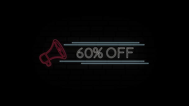 Icono de megáfono de línea de neón brillante con texto 60% Off aislado sobre fondo negro. Animación gráfica de vídeo 4K. — Vídeo de stock