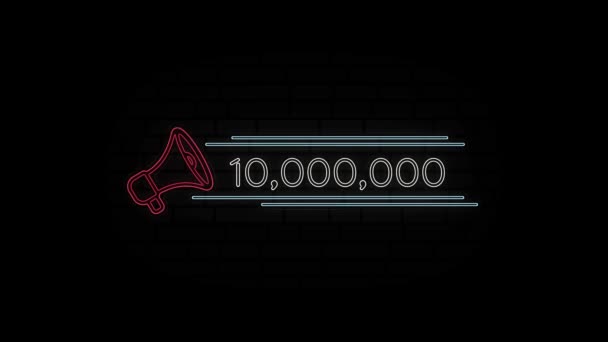 Ligne lumineuse au néon icône mégaphone avec le numéro dix millions isolé sur fond noir. 10000000 abonnés. Animation graphique de mouvement vidéo 4K. — Video
