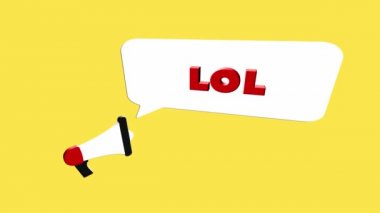 Lol 'un sarı arka planda izole ettiği 3D gerçekçi megafon simgesi. Düz dizayn üzerine konuşma balonu ve lol metin ile megafon. 4K video hareketi grafiği