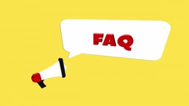 Faq 'ın sarı arka planda izole ettiği 3D gerçekçi megafon simgesi. Konuşma baloncuklu megafon ve düz tasarım üzerine faks metni. 4K video hareketi grafiği