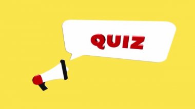 Sarı arkaplanda izole edilmiş metin Quiz 'i olan 3d gerçekçi bir megafon simgesi. Konuşma baloncuklu megafon ve düz tasarım üzerine sınav metni. 4K video hareketi grafiği
