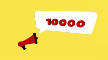 Sarı arka planda 10K numaralı 3D gerçekçi megafon simgesi. Konuşma balonlu megafon ve 10000 abone düz tasarım metni. 4K video hareketi grafiği
