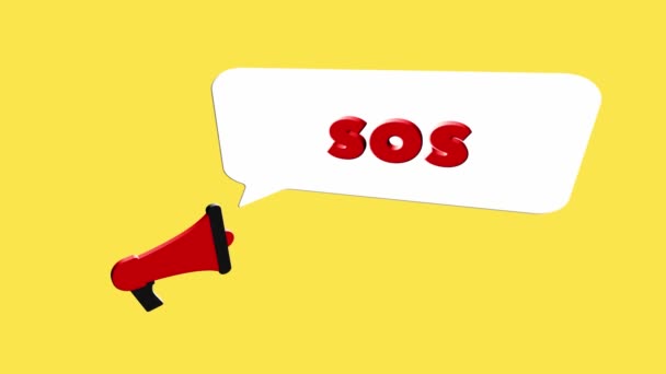 3d realistic style megaphone icon with text Sos isolated on yellow background. Megaphone with speech bubble and sos text on flat design. 4K video motion graphic — Stock Video