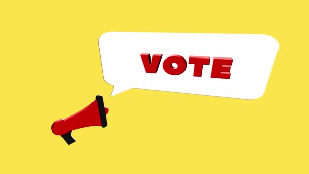 Ícone de megafone estilo realista 3d com texto Vote isolado no fundo amarelo. Megafone com bolha de fala e texto de votação em design plano. Gráfico de movimento de vídeo 4K — Vídeo de Stock