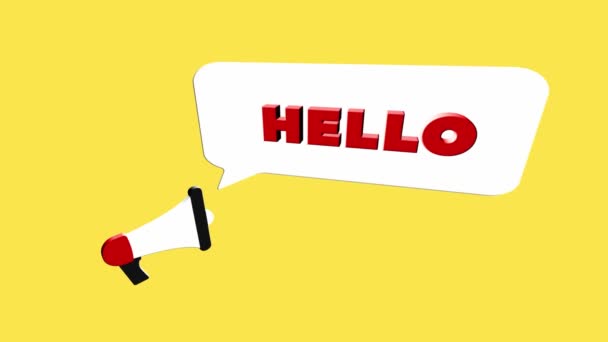 3d realistic style megaphone icon with text Hello isolated on yellow background. Megaphone with speech bubble and hello text on flat design. 4K video motion graphic — Stock Video