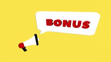 Sarı arkaplanda izole edilmiş Bonus yazılı 3D gerçekçi megafon simgesi. Konuşma balonu ve bonus metinli megafon. 4K video hareketi grafiği