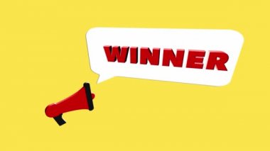 Sarı arkaplanda izole edilmiş metin kazananı olan 3D gerçekçi megafon simgesi. Konuşma balonlu megafon ve düz tasarımla ilgili kazanan metin. 4K video hareketi grafiği