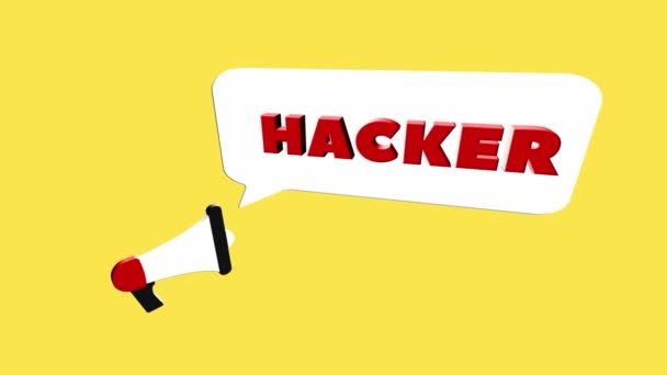 3d realisztikus stílusú hangosbeszélő ikon szöveggel Hacker elszigetelt sárga háttérrel. Megafon beszéd buborék és hacker szöveg lapos design. 4K videó mozgókép — Stock videók