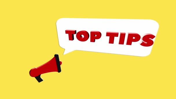 3d realistic style megaphone icon with text Top tips isolated on yellow background. Megaphone with speech bubble and top tips text on flat design. 4K video motion graphic — Stock Video