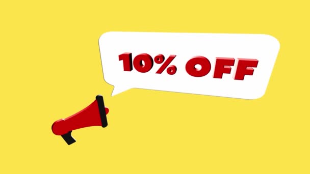 3d realistic style megaphone icon with text 10 percent off isolated on yellow background. Megaphone with speech bubble and 10 percent off text on flat design. 4K video motion graphic — Stock Video