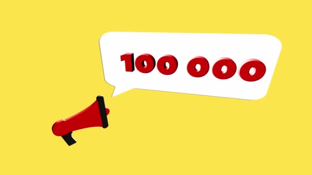 Icône mégaphone de style réaliste 3d avec le numéro 100K isolé sur fond jaune. Mégaphone avec bulle vocale et 100000 abonnés texte sur design plat. Graphique de mouvement vidéo 4K — Video