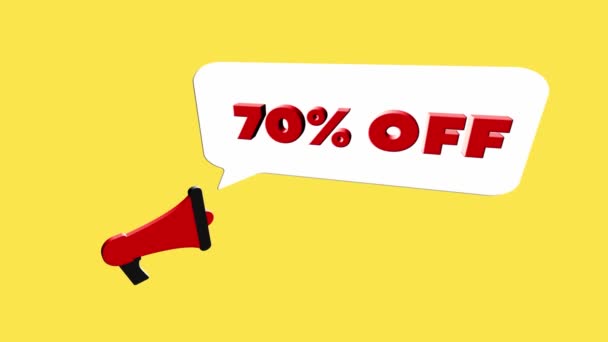 3d realistic style megaphone icon with text 70 percent off isolated on yellow background. Megaphone with speech bubble and 70 percent off text on flat design. 4K video motion graphic — Stock Video