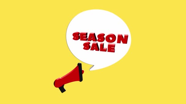 3d realistic style megaphone icon with text Season sale isolated on yellow background. Megaphone with speech bubble and season sale text on flat design. 4K video motion graphic — Stock Video
