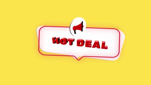 3d realisztikus stílusú hangosbeszélő ikon szöveggel Hot deal isolated on yellow background. Hangosbeszélő buborékkal és forró szöveggel a lapos kialakításról. 4K videó mozgókép — Stock videók