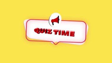 Sarı arkaplanda izole edilmiş metin Quiz süresine sahip 3d gerçekçi bir megafon simgesi. Konuşma baloncuklu megafon ve düz tasarımla ilgili sınav zamanı metni. 4K video hareketi grafiği