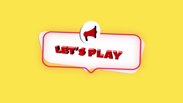 3d realistic style megaphone icon with text Lets play isolated on yellow background. Megaphone with speech bubble and lets play text on flat design. 4K video motion graphic — Stock Video