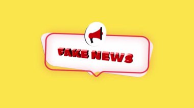 Sarı arkaplanda sahte haber içeren 3D gerçekçi megafon simgesi. Konuşma baloncuklu megafon ve düz tasarımla ilgili sahte haber metni. 4K video hareketi grafiği