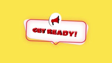 Metni olan 3D gerçekçi megafon simgesi sarı arkaplanda izole edilmeye hazır olsun. Konuşma baloncuklu megafon ve düz tasarım metni hazırla. 4K video hareketi grafiği