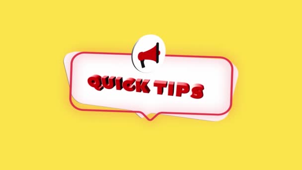 3d realistic style megaphone icon with text Quick tips isolated on yellow background. Megaphone with speech bubble and quick tips text on flat design. 4K video motion graphic — Stock Video