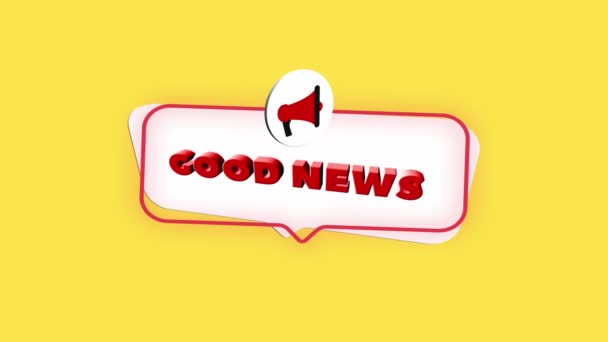 3d realistic style megaphone icon with text Good news isolated on yellow background. Megaphone with speech bubble and good news text on flat design. 4K video motion graphic