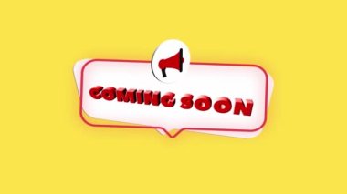 Kısa sürede sarı arkaplanda izole edilmiş 3D gerçekçi megafon simgesi. Konuşma baloncuklu megafon ve yakında düz dizayn üzerine yazılacak metin. 4K video hareketi grafiği