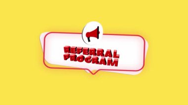 Sarı arkaplanda izole edilmiş metin yönlendirme programı ile 3D gerçekçi megafon simgesi. Konuşma baloncuklu megafon ve düz tasarım üzerine referans program metni. 4K video hareketi grafiği