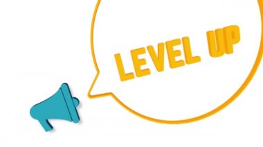 Beyaz arka planda üç boyutlu konuşma baloncuklu megafon. Metni düzleştir. Hoparlör. 4K video hareketi grafiği