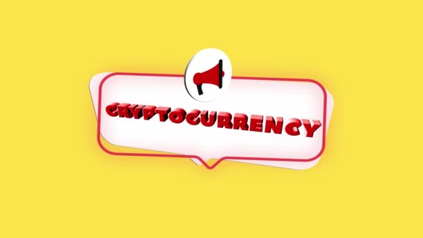 3d realistic style megaphone icon with text Cryptocurrency isolated on yellow background. Megaphone with speech bubble and cryptocurrency text on flat design. 4K video motion graphic — Stock Video