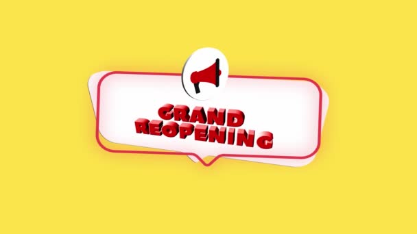 3d realistic style megaphone icon with text Grand reopening isolated on yellow background. Megaphone with speech bubble and grand reopening text on flat design. 4K video motion graphic — Stock Video