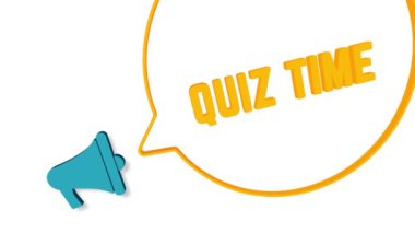 Beyaz arka planda üç boyutlu konuşma baloncuklu megafon. Sınav zamanı mesajı. Hoparlör. 4K video hareketi grafiği