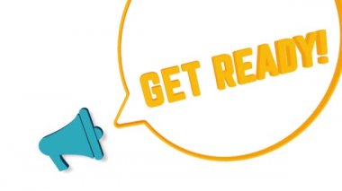 Beyaz arka planda üç boyutlu konuşma baloncuklu megafon. Hazır ol mesaj. Hoparlör. 4K video hareketi grafiği