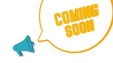 Beyaz arka planda üç boyutlu konuşma baloncuklu megafon. Birazdan mesaj atarım. Hoparlör. 4K video hareketi grafiği