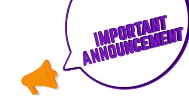 Beyaz arka planda üç boyutlu konuşma baloncuklu megafon. Önemli bir duyuru metni. Hoparlör. 4K video hareketi grafiği