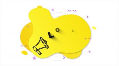 Mesajlı siyah megafon Lol. Sarı arka planda soyut geometrik şekilli Memphis tarzı pankart. Afiş ve megafonla ana hatlarını çiz. 4K video hareketi grafiği