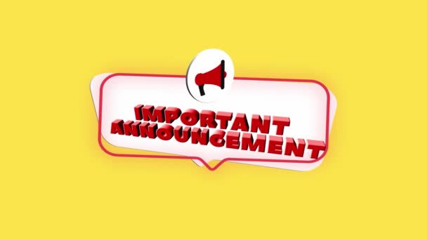 3d realistic style megaphone icon with text Important Announcement isolated on yellow background. Megaphone with speech bubble and important announcement text on flat design. 4K video motion graphic — Stock Video