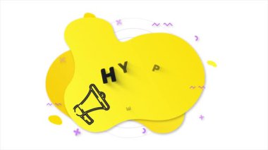 Metin Hype 'lı siyah megafon. Sarı arka planda soyut geometrik şekilli Memphis tarzı pankart. Afiş ve megafonla ana hatlarını çiz. 4K video hareketi grafiği