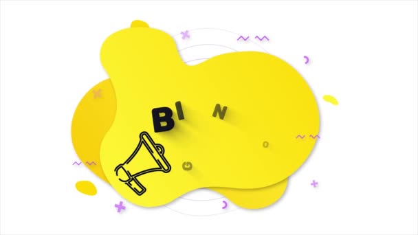 Czarny megafon z tekstem Bingo. Baner w stylu Memphis z abstrakcyjnymi geometrycznymi kształtami na żółtym tle. Baner i zarys okrągłych elementów z megafonem. 4K grafika ruchu wideo — Wideo stockowe