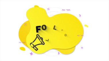 Siyah megafonla takip et. Sarı arka planda soyut geometrik şekilli Memphis tarzı pankart. Afiş ve megafonla ana hatlarını çiz. 4K video hareketi grafiği