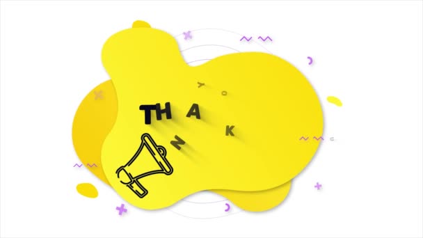Mégaphone avec texte Merci. Bannière de style Memphis avec des formes géométriques abstraites sur fond jaune. Bannière et contour des éléments ronds avec mégaphone. Graphique de mouvement vidéo 4K — Video