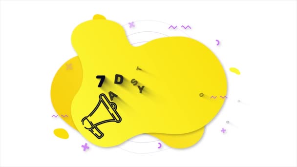 Megafon z tekstem 7 dni do końca. Baner w stylu Memphis z abstrakcyjnymi geometrycznymi kształtami na żółtym tle. Baner i zarys okrągłych elementów z megafonem. 4K grafika ruchu wideo — Wideo stockowe
