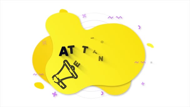 Megafon z tekstem Uwaga. Baner w stylu Memphis z abstrakcyjnymi geometrycznymi kształtami na żółtym tle. Baner i zarys okrągłych elementów z megafonem. 4K grafika ruchu wideo — Wideo stockowe