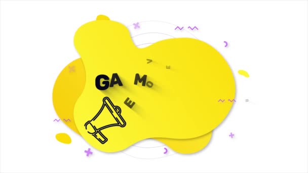 Megaphone με κείμενο Game over. Μέμφις στυλ πανό με αφηρημένα γεωμετρικά σχήματα σε κίτρινο φόντο. Banner και περίγραμμα στρογγυλά στοιχεία με μεγάφωνο. Γραφική κίνηση βίντεο 4K — Αρχείο Βίντεο
