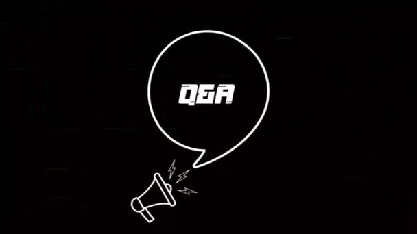 Megaphone with speech bubble and q and a text on old tv glitch interference screen. Animation of retro Q and A text. 4K video motion graphic — Stock Video