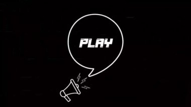Konuşma baloncuklu megafon ve eski TV parazit ekranında metin çal. Retro Play metninin canlandırması. 4K video hareketi grafiği